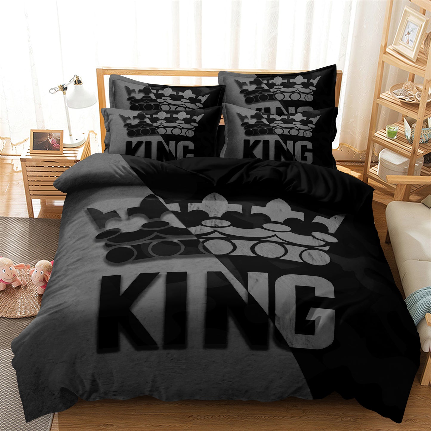 Dreammers King Crown Duvet Cover Set, Black Grey Modern Soft Bedding Set for Men