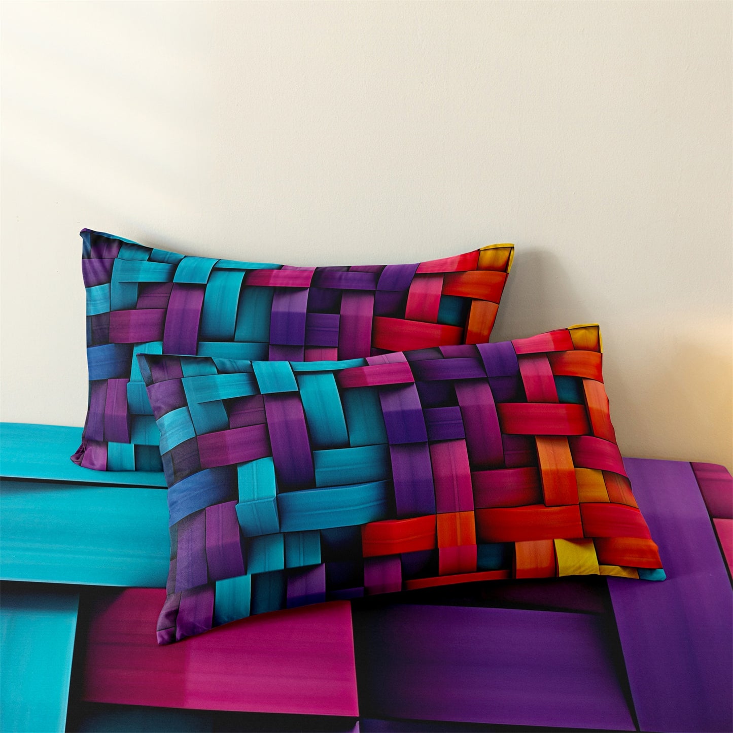 3D Colorful Woven Geometric Fitted Sheet Set, Vibrant Abstract Soft Bed Sheet with Pillowcases