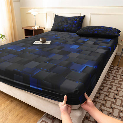 3D Blue Black Geometric Cube Fitted Sheet Set, Gamer Pixelated Soft Bed Sheet with Pillowcases