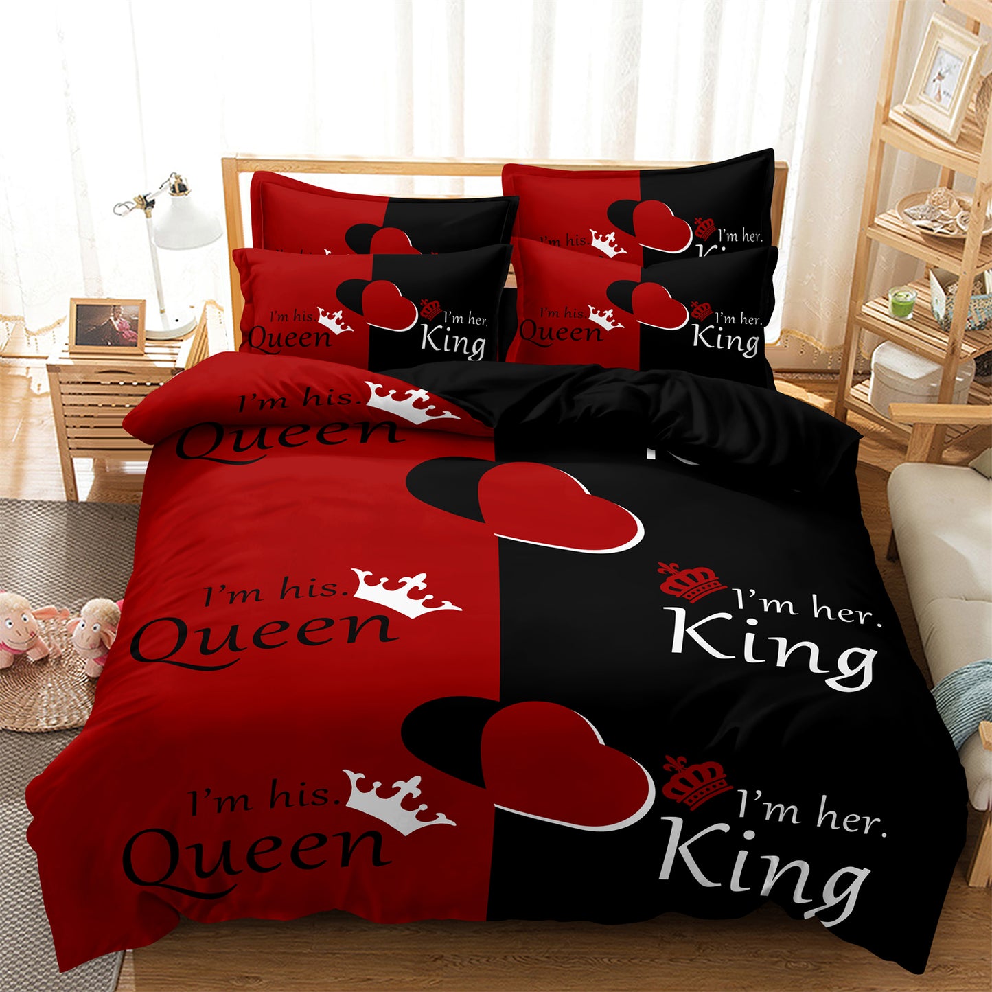 Dreammers Queen King Red Black Couple Duvet Cover Set, His Hers Romantic Soft Bedding Set with Pillowcases