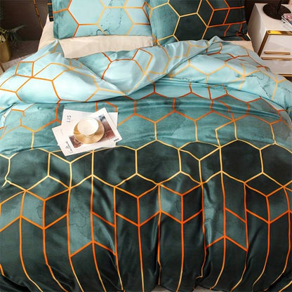 3Pcs Green Geometric Printed Quilt Duvet Cover Bedding Set
