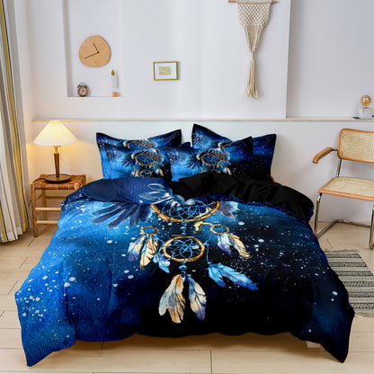 Dreammers Boho Galaxy Dreamcatcher Feather Duvet Cover Set, Mystical Bohemian Soft Bedding Set with Pillowcases