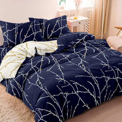 Dreammers Navy Blue Gold Branch Duvet Cover Set, Modern Botanical Soft Bedding Set with Pillowcases