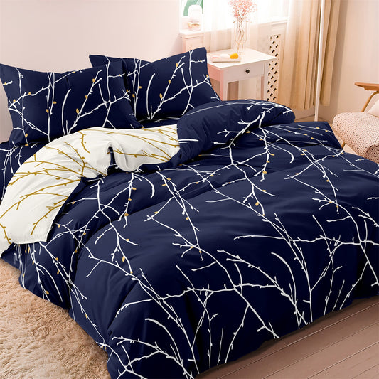 Dreammers Navy Blue Gold Branch Duvet Cover Set, Modern Botanical Soft Bedding Set with Pillowcases