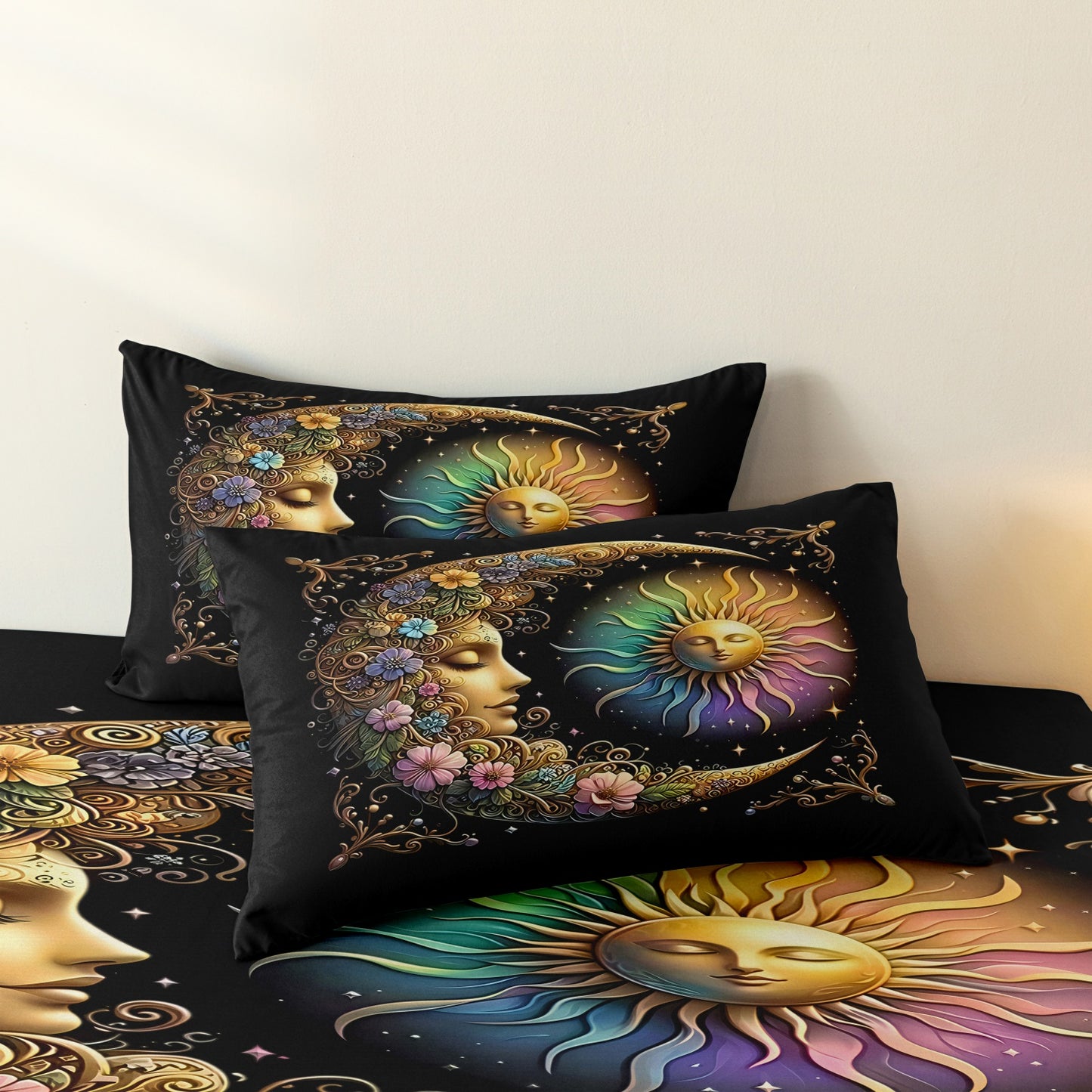 Dreammers Boho Sun Moon Floral Duvet Cover Set, Mystical Celestial Soft Bedding Set with Pillowcases
