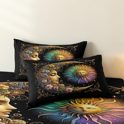 Dreammers Boho Sun Moon Floral Duvet Cover Set, Mystical Celestial Soft Bedding Set with Pillowcases