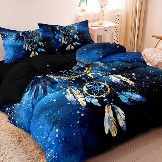 Dreammers Boho Galaxy Dreamcatcher Feather Duvet Cover Set, Mystical Bohemian Soft Bedding Set with Pillowcases