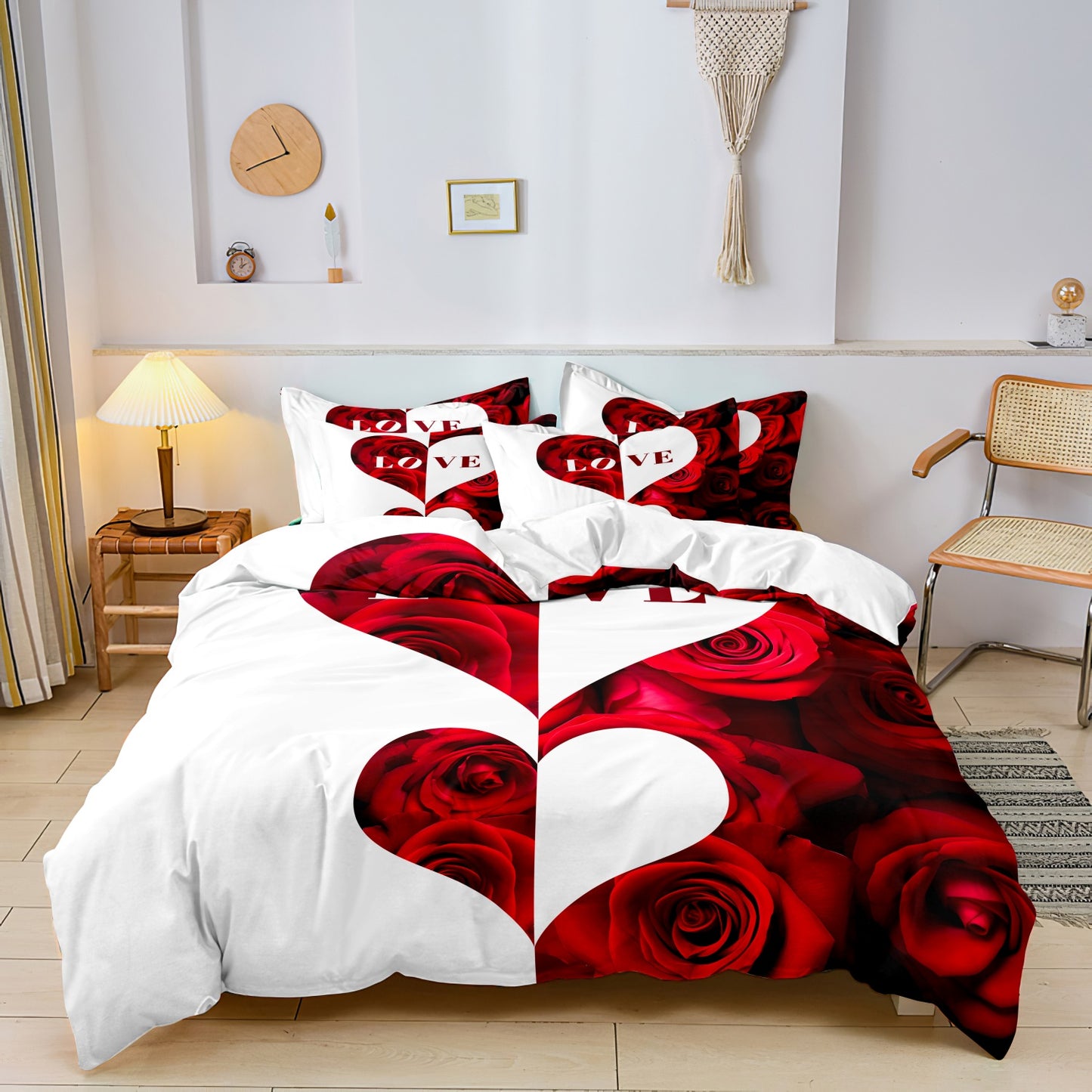 3Pcs Dreammers Red Rose Heart Love Duvet Cover Set, Romantic Soft Bedding Set with Pillowcases