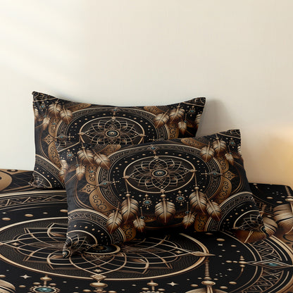 Dreammers Boho Gold Black Dreamcatcher Mandala Duvet Cover Set, Bohemian Soft Bedding Set with Pillowcases