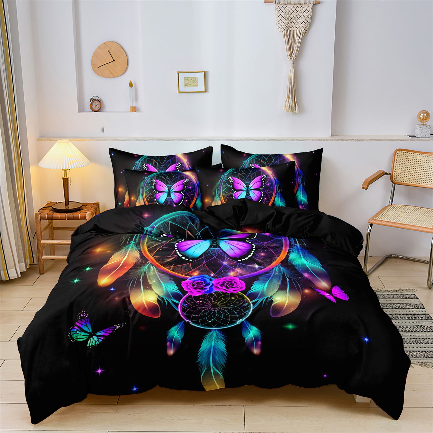 Dreammers Boho Rainbow Dreamcatcher Butterfly Duvet Cover Set, Mystical Bohemian Soft Bedding Set with Pillowcases