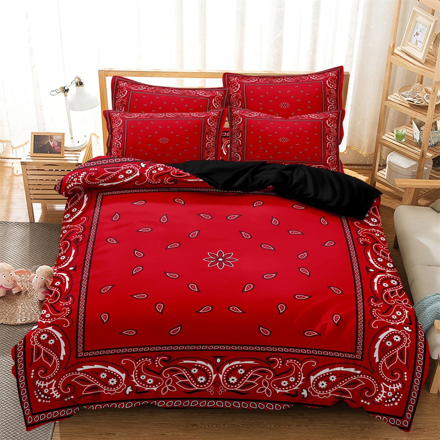 Dreammers Red Black Bandana Paisley Duvet Cover Set, Western Boho Soft Bedding Set with Pillowcases