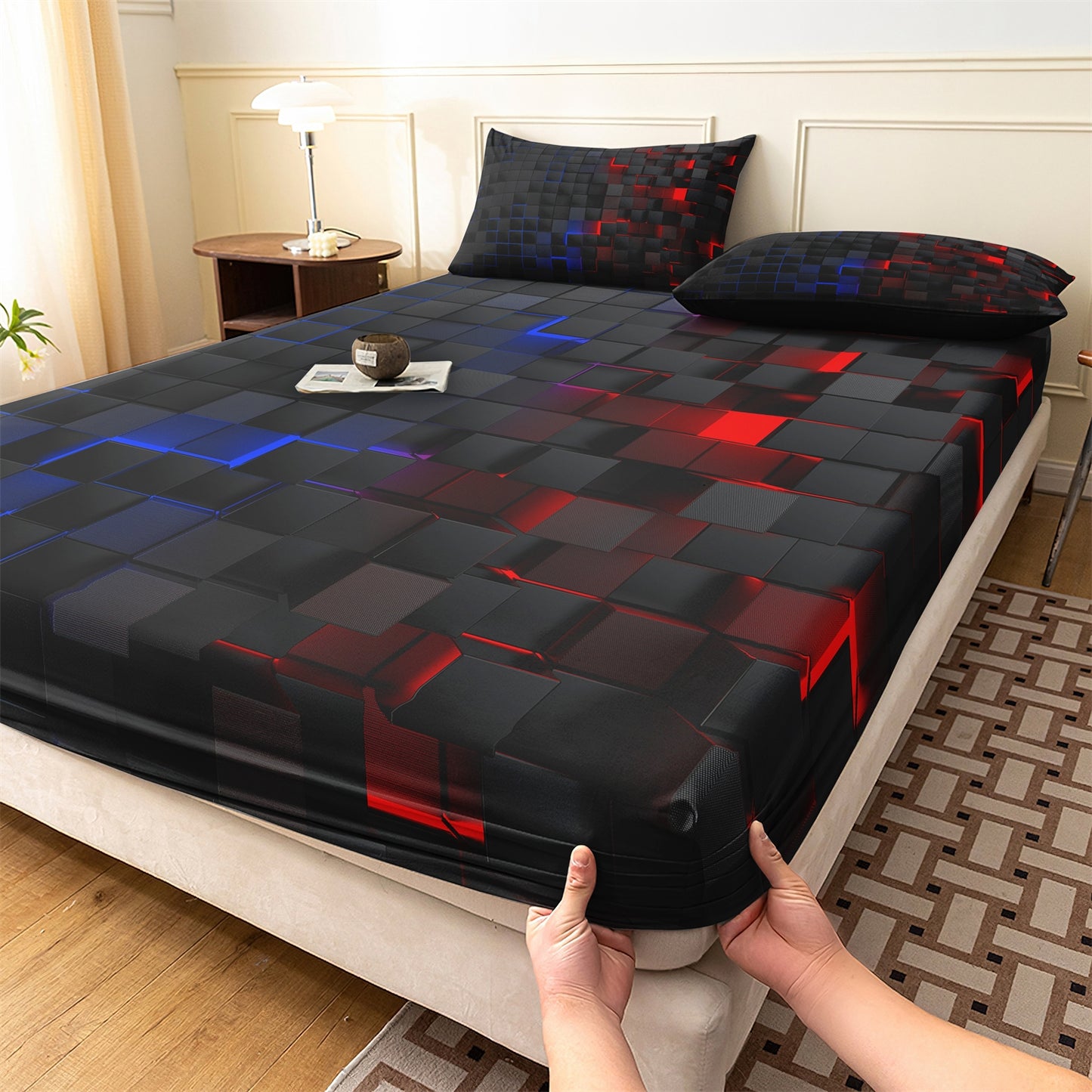3D Red Blue Black Geometric Cube Fitted Sheet Set, Gamer Pixelated Soft Bed Sheet with Pillowcases