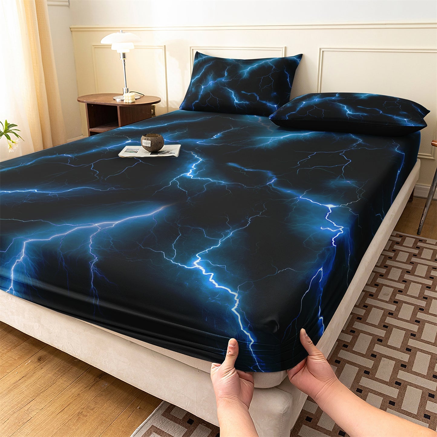 3D Blue Lightning Fitted Sheet Set, Gamer Thunderbolt Soft Bed Sheet with Pillowcases