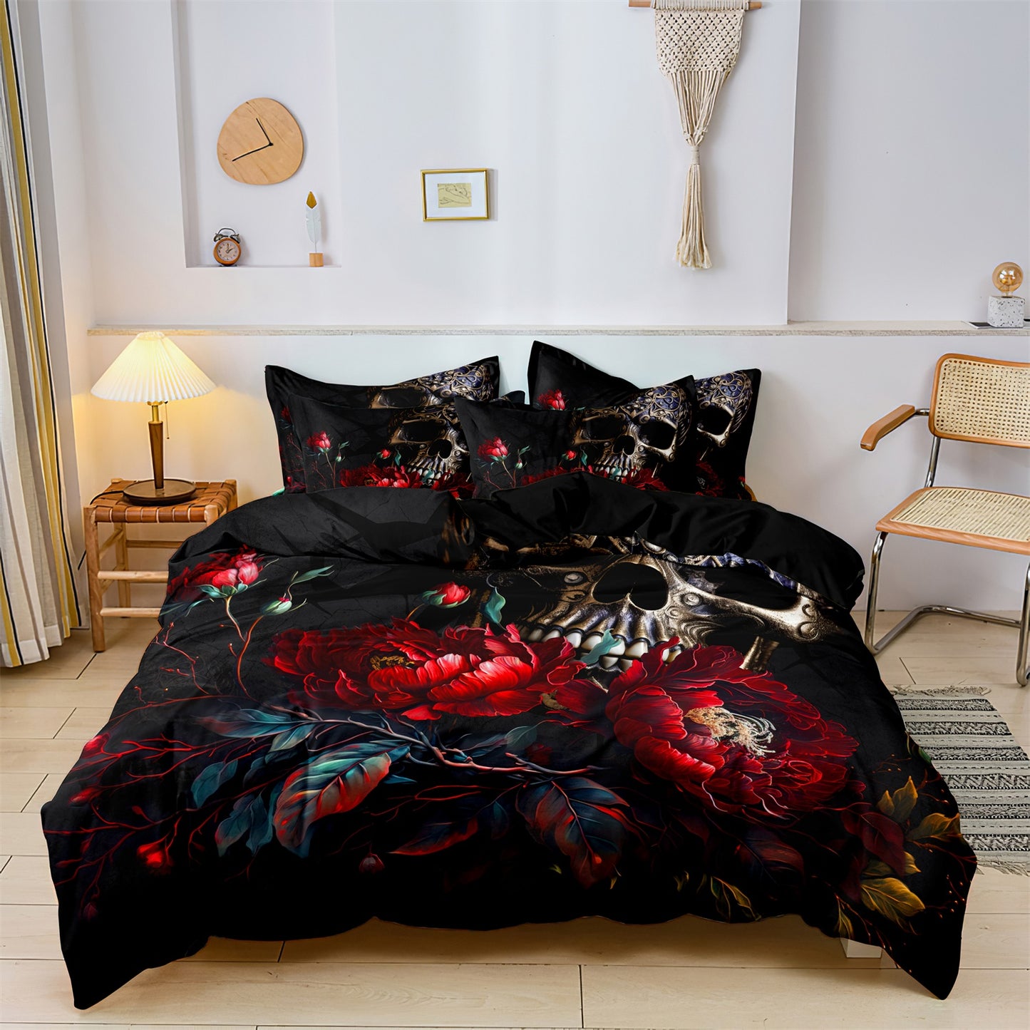 Dreammers Gothic Skull Red Rose Duvet Cover Set, Dark Floral Soft Bedding Set with Pillowcases