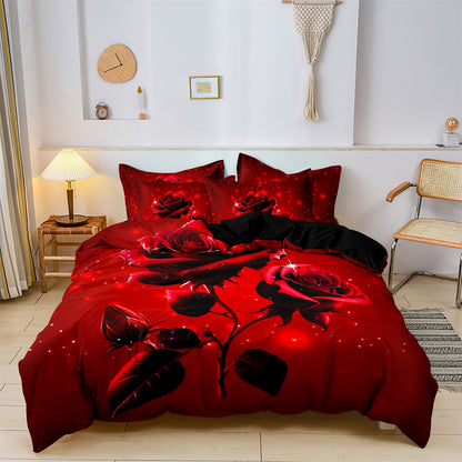 Dreammers 3D Red Rose Duvet Cover Set, Romantic Floral Soft Bedding Set with Pillowcases