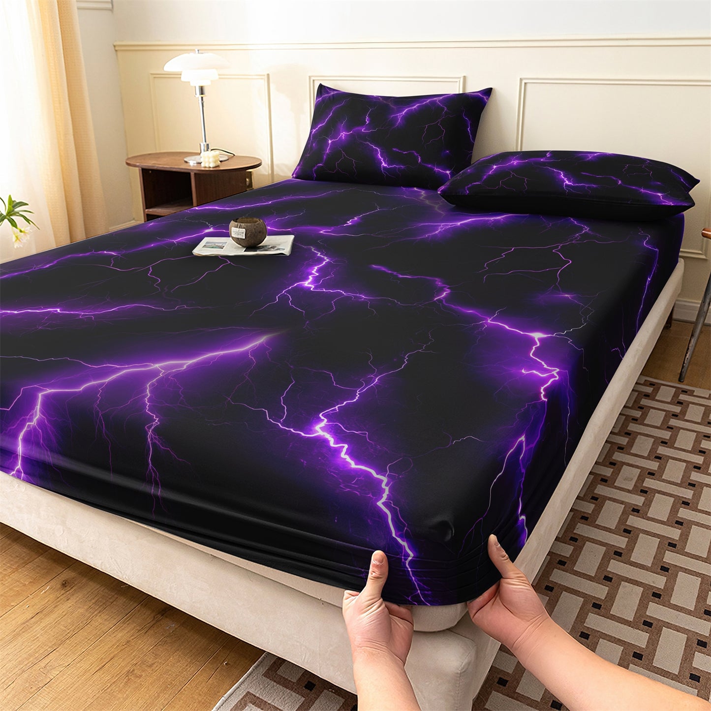 3D Purple Lightning Fitted Sheet Set, Gamer Thunderbolt Soft Bed Sheet with Pillowcases