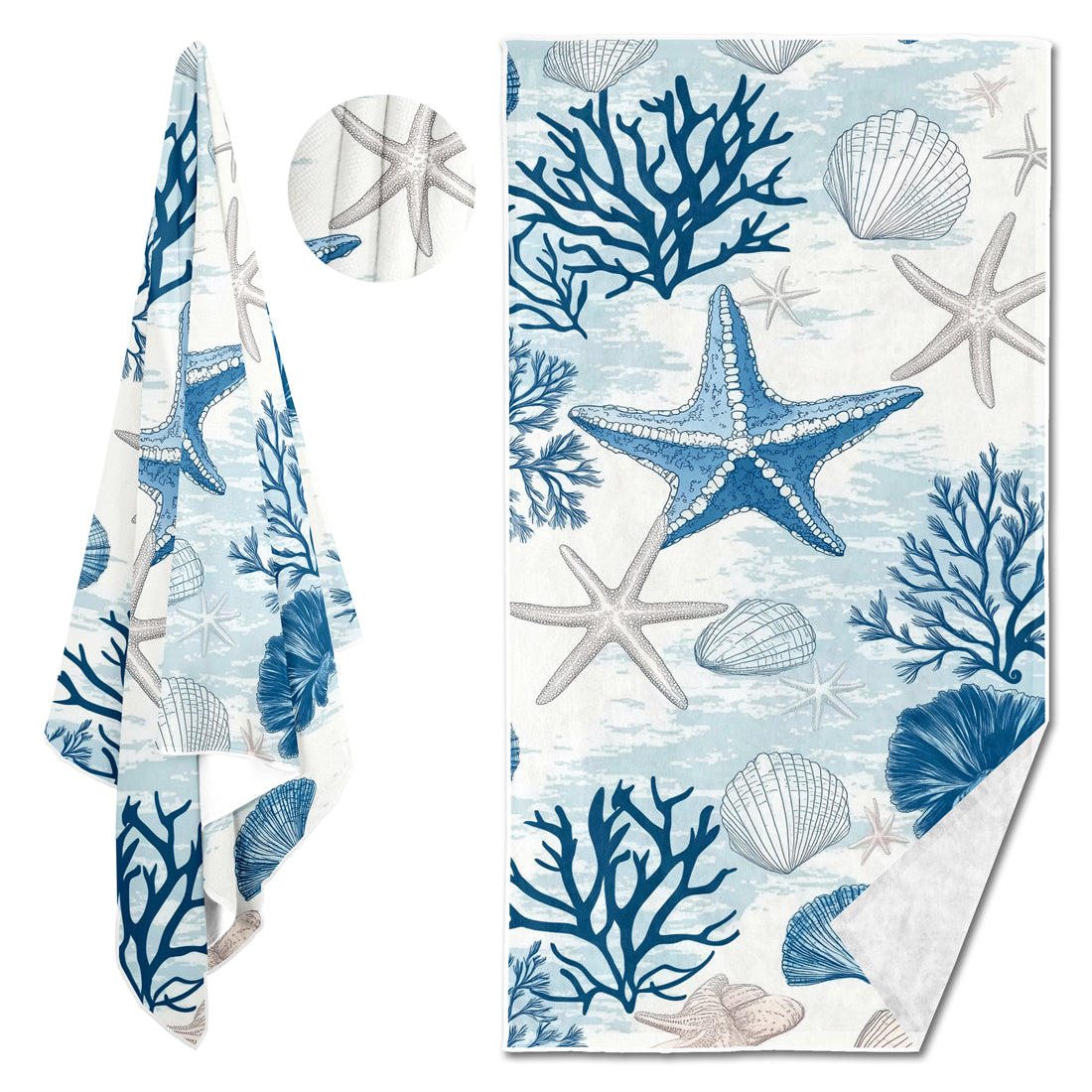 Dreammers Blue White Starfish Coral Beach Towel, Coastal Ocean Quick Dry Soft Bath Towel