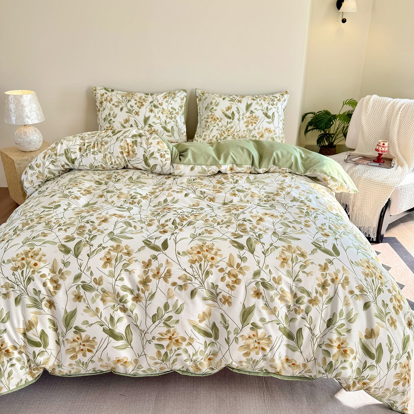 3Pcs Grass Green Double Sided Plant Printed Quilt Duvet Cover Bedding Set