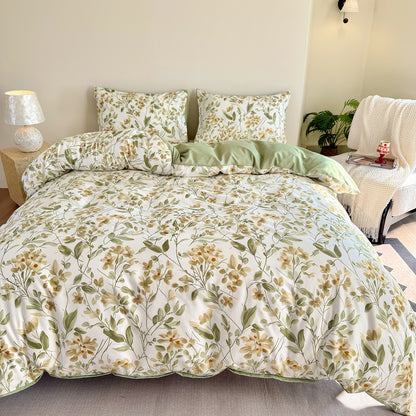 3Pcs Grass Green Double Sided Plant Printed Quilt Duvet Cover Bedding Set