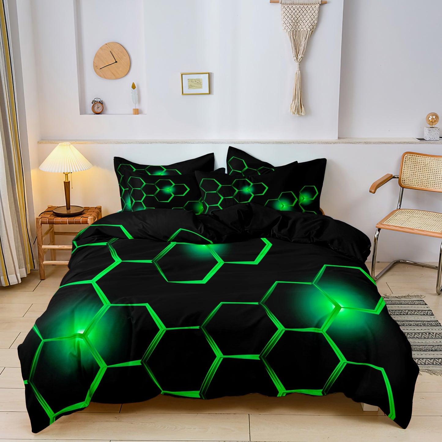 3Pcs Dreammers 3D Green Hexagon Glow Duvet Cover Set, Modern Gamer Soft Bedding Set with Pillowcases