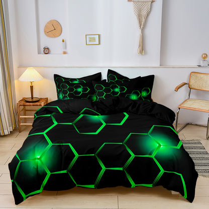 3Pcs Dreammers 3D Green Hexagon Glow Duvet Cover Set, Modern Gamer Soft Bedding Set with Pillowcases