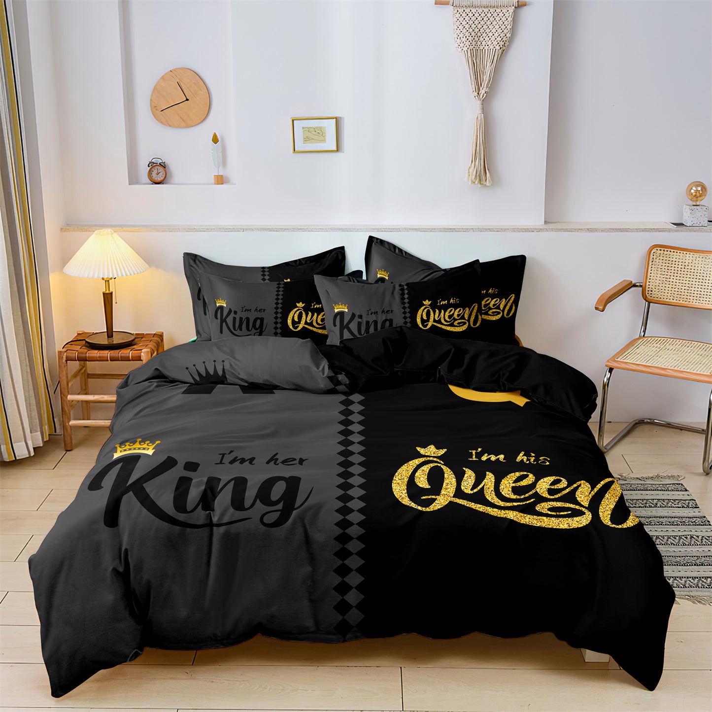 Dreammers King Queen Crown Glitter Couple Duvet Cover Set, His Hers Romantic Luxury Soft Bedding Set with Pillowcases
