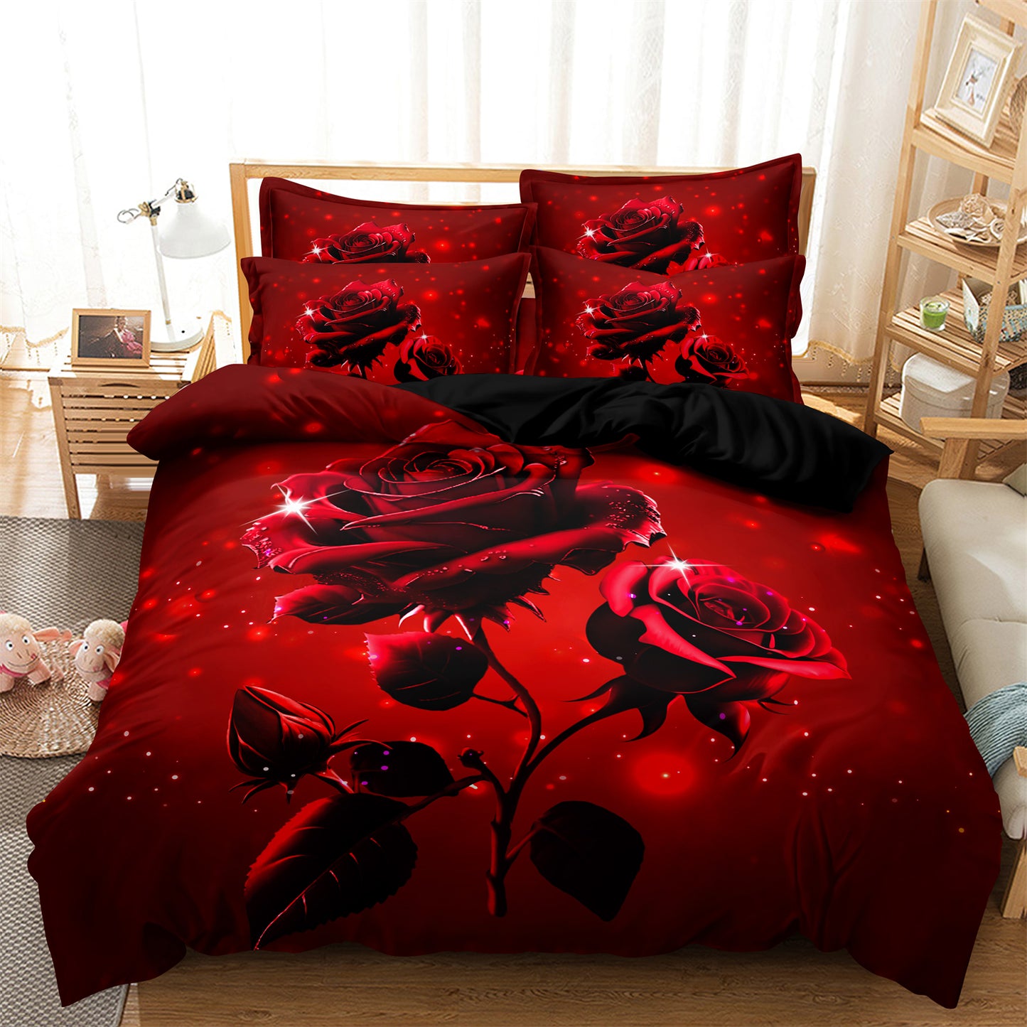 Dreammers 3D Red Rose Duvet Cover Set, Romantic Floral Soft Bedding Set with Pillowcases