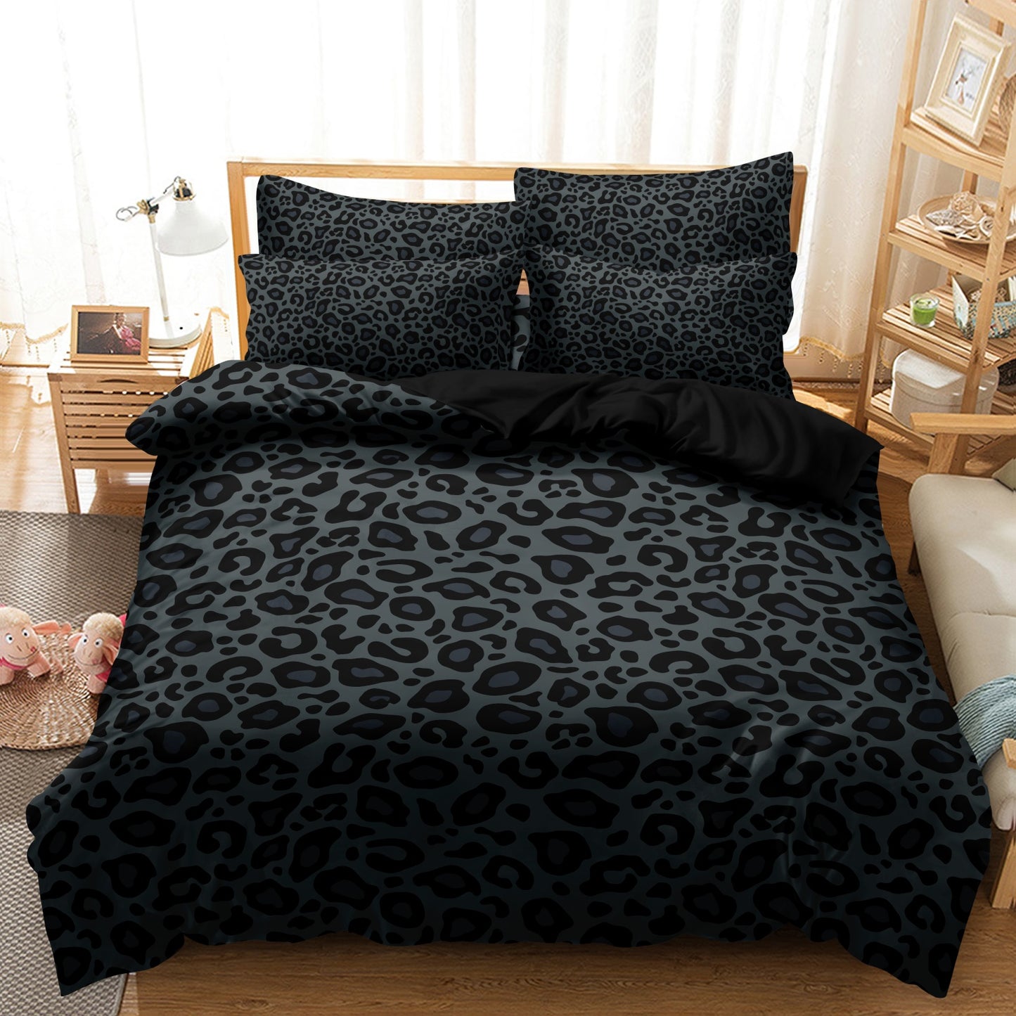Dreammers 3D Gradient Black Leopard Print Duvet Cover Set, Luxury Animal Print Soft Bedding Set with Pillowcases