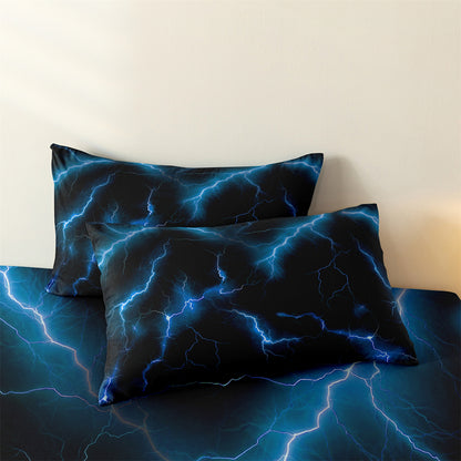 3D Blue Lightning Fitted Sheet Set, Gamer Thunderbolt Soft Bed Sheet with Pillowcases