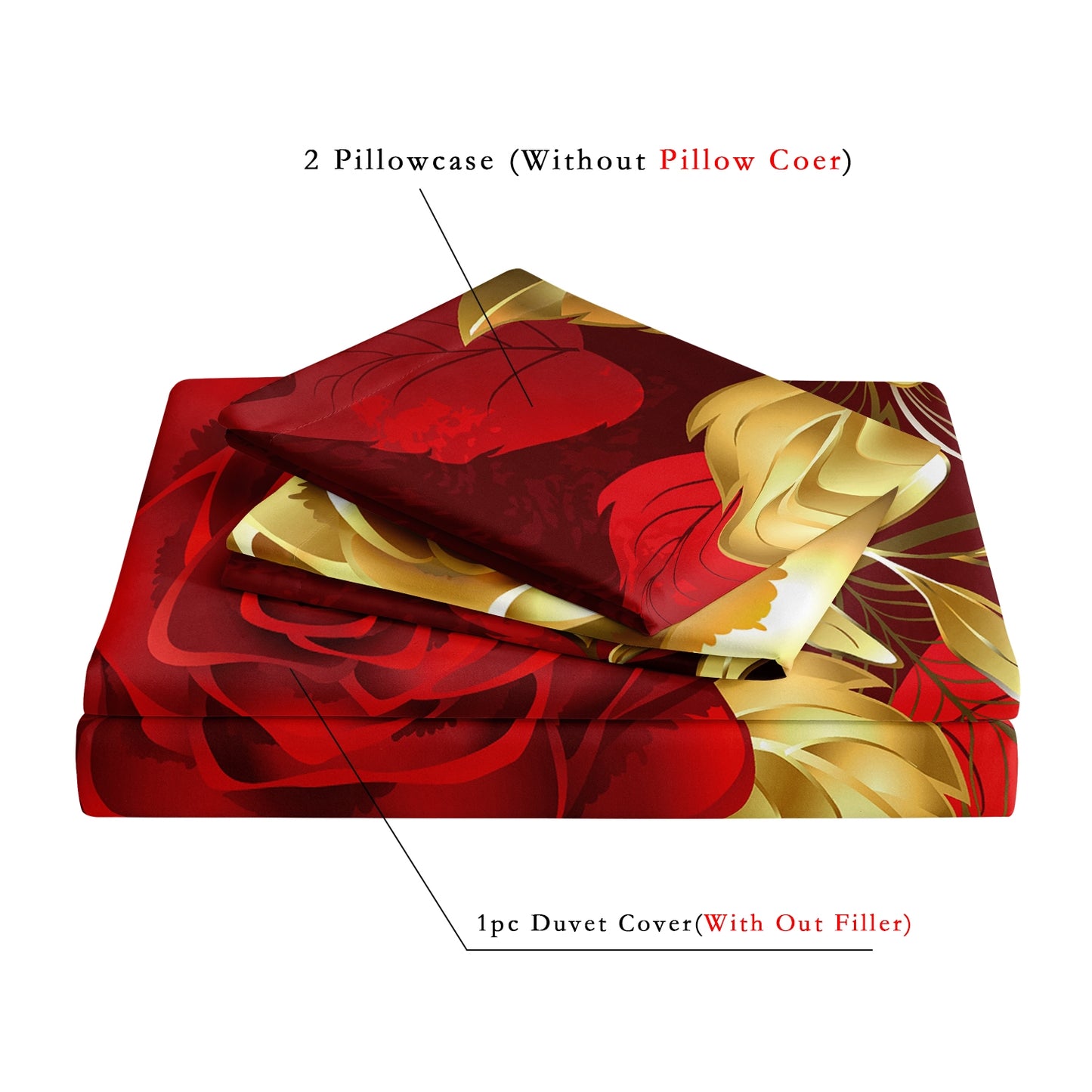Dreammers Luxury Red Gold Rose Duvet Cover Set, Elegant Floral Soft Bedding Set with Pillowcases