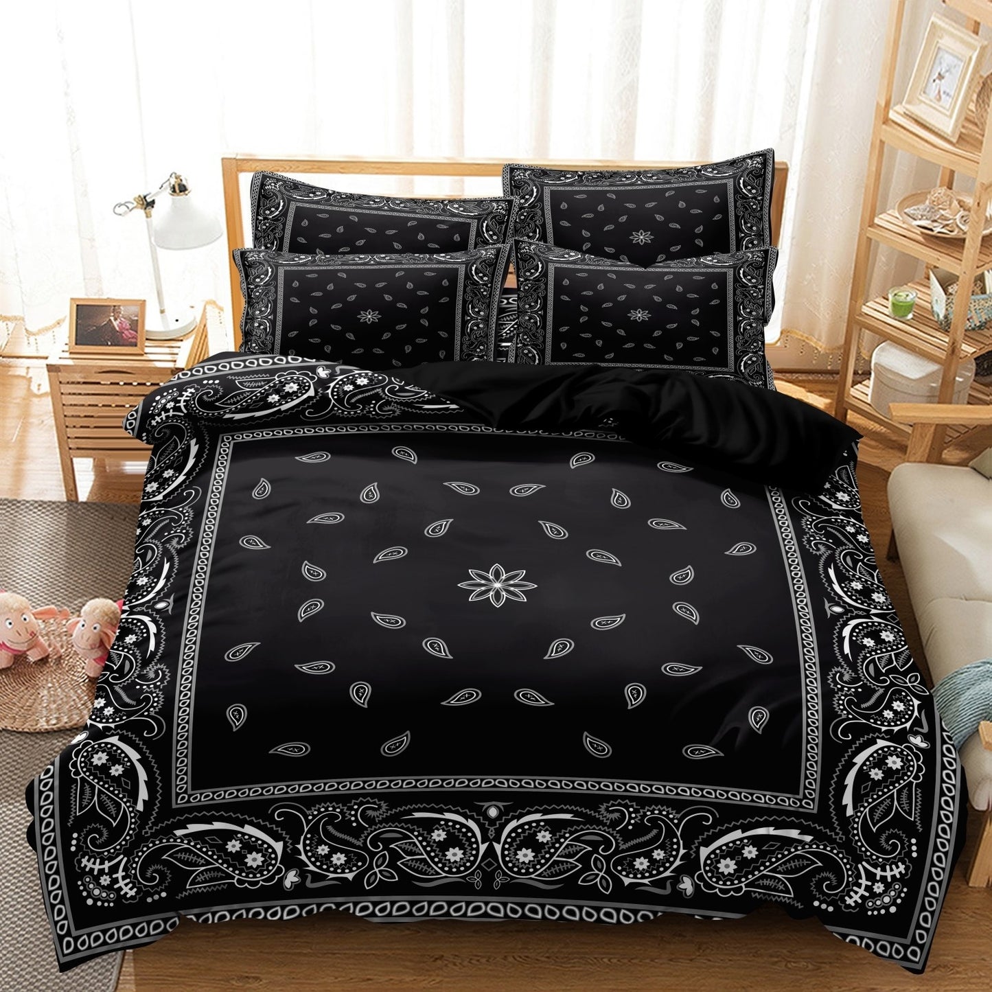 Dreammers Black White Bandana Paisley Duvet Cover Set, Western Boho Soft Bedding Set with Pillowcases