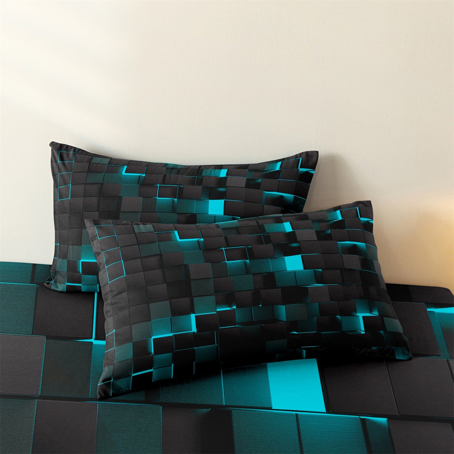 3D Cyan Black Geometric Cube Fitted Sheet Set, Gamer Pixelated Soft Bed Sheet with Pillowcases