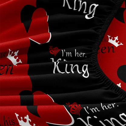 King and Queen Couple Fitted Sheet Set, Romantic Red Black Heart Bedding with Pillowcases