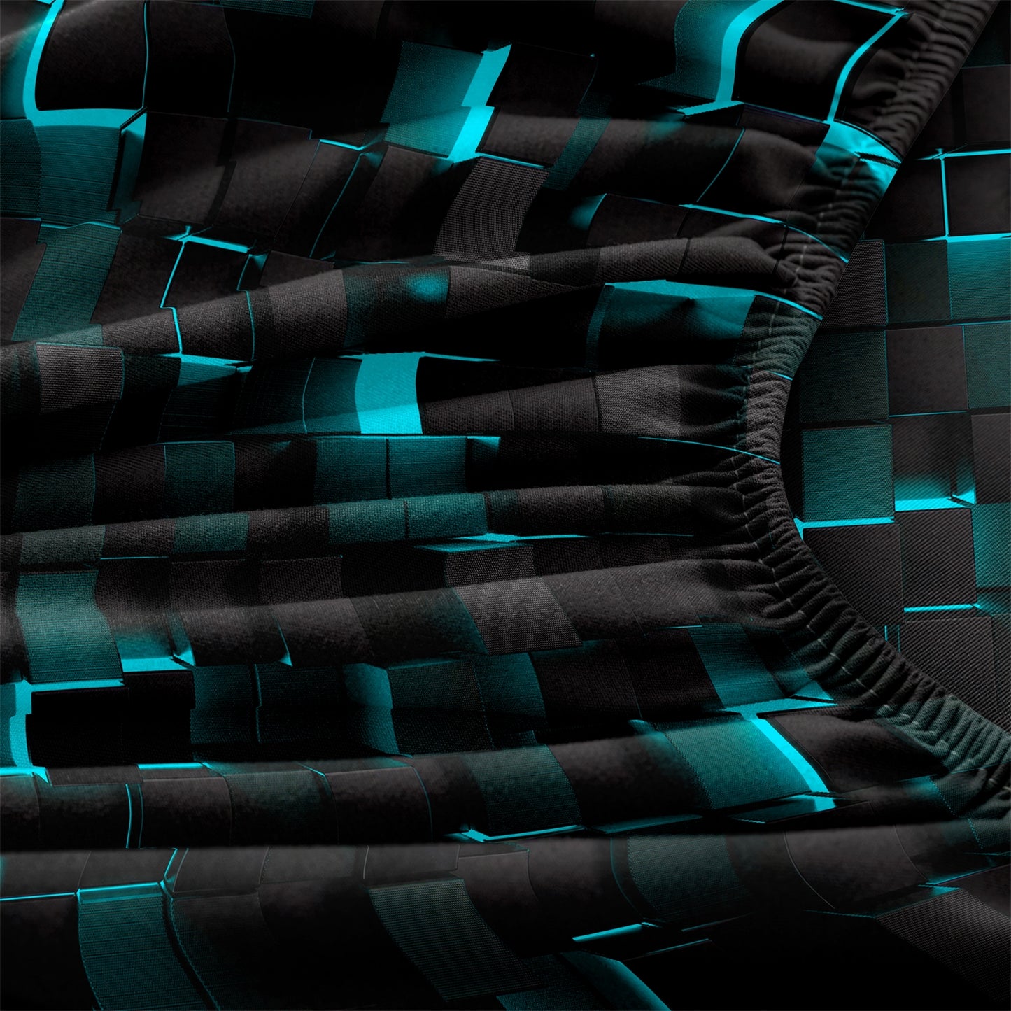 3D Cyan Black Geometric Cube Fitted Sheet Set, Gamer Pixelated Soft Bed Sheet with Pillowcases