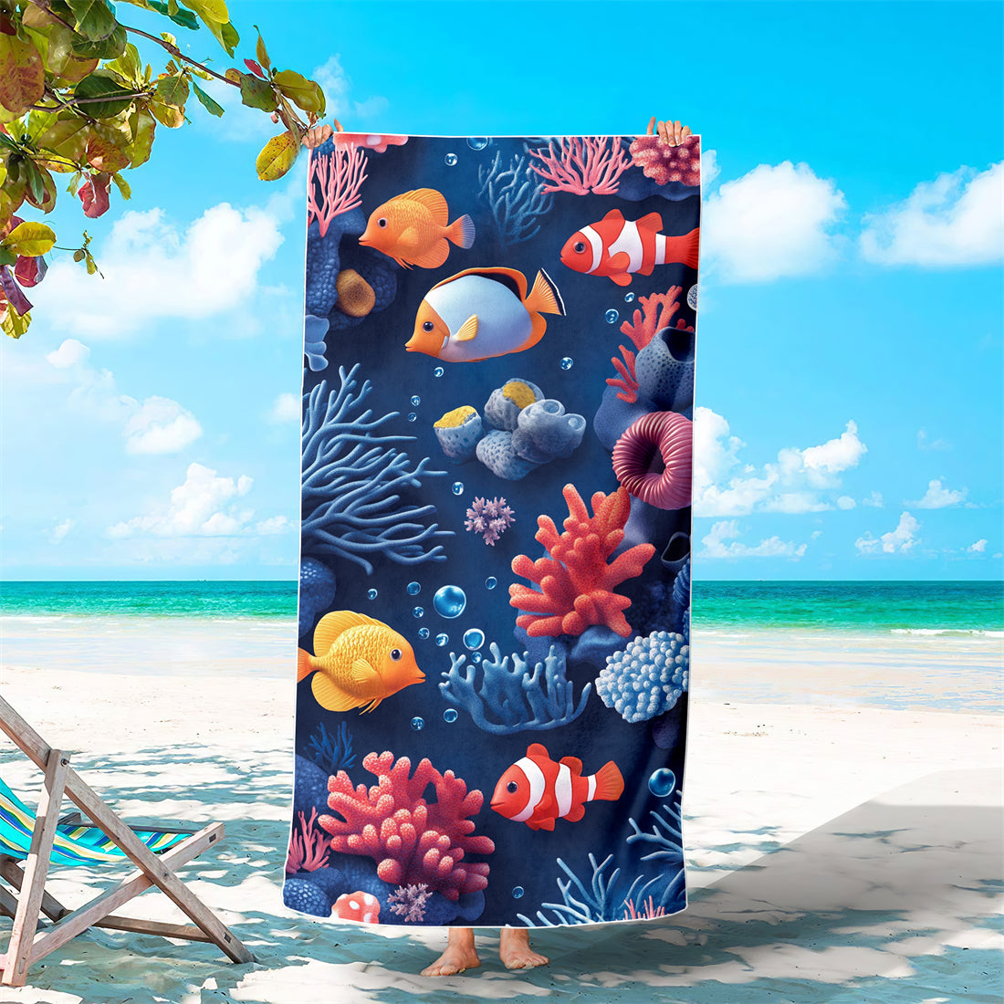 Dreammers Underwater World Coral Fish Beach Towel, Tropical Ocean Quick Dry Soft Bath Towel