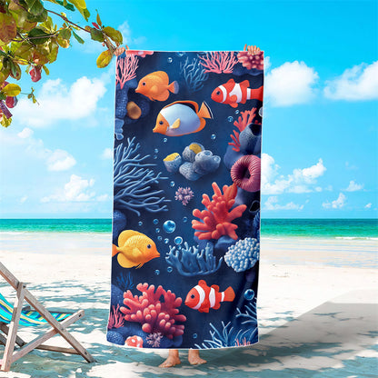Dreammers Underwater World Coral Fish Beach Towel, Tropical Ocean Quick Dry Soft Bath Towel