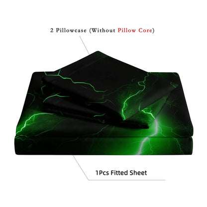 3D Green Lightning Fitted Sheet Set, Gamer Thunderbolt Soft Bed Sheet with Pillowcases