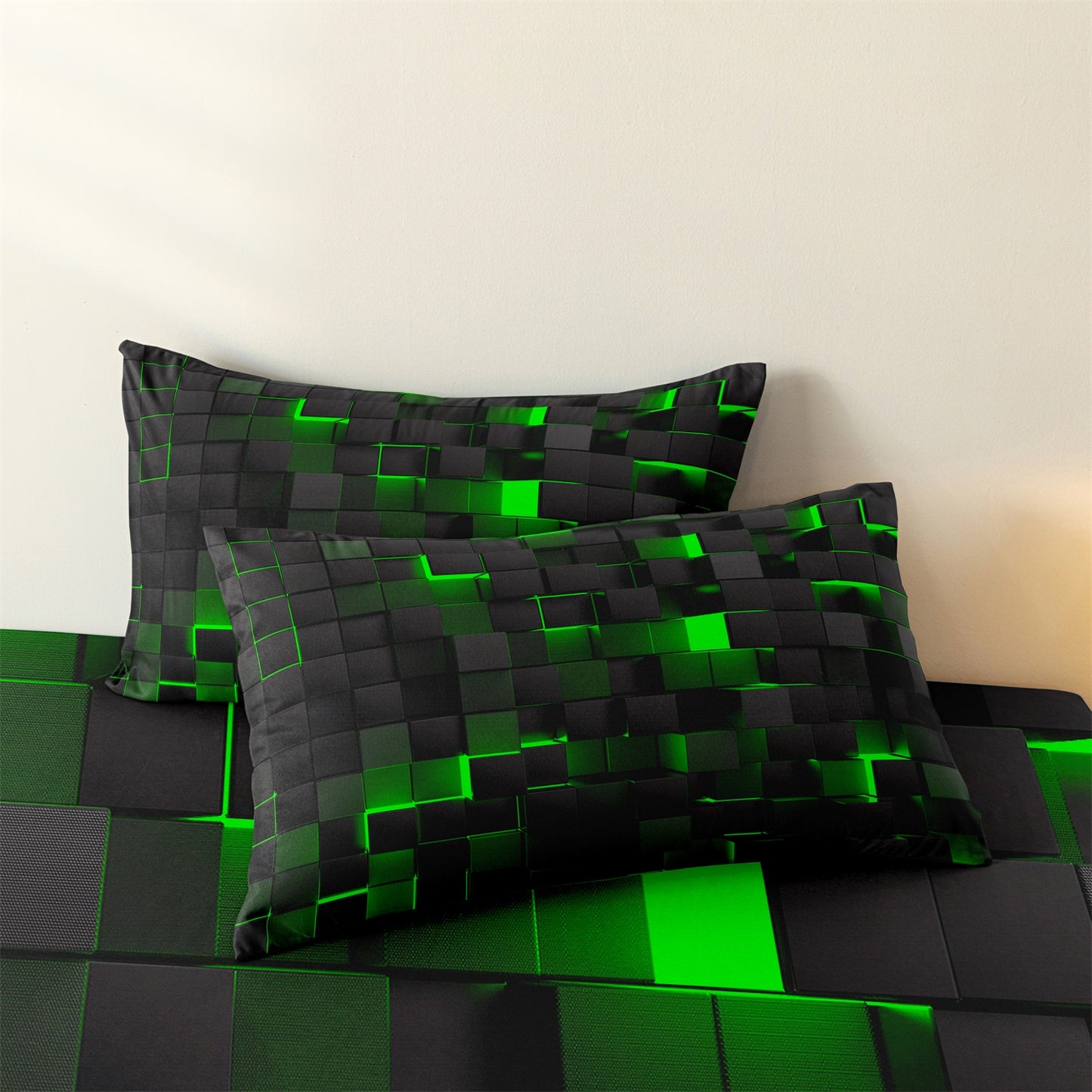 3D Green Black Geometric Cube Fitted Sheet Set, Gamer Pixelated Soft Bed Sheet with Pillowcases
