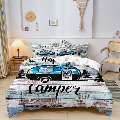 Dreammers Happy Camper Duvet Cover Set, Rustic Camper Van Soft Bedding Set with Pillowcases