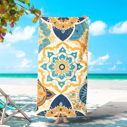Dreammers Vintage Blue Yellow Mandala Beach Towel, Boho Bohemian Quick Dry Soft Bath Towel