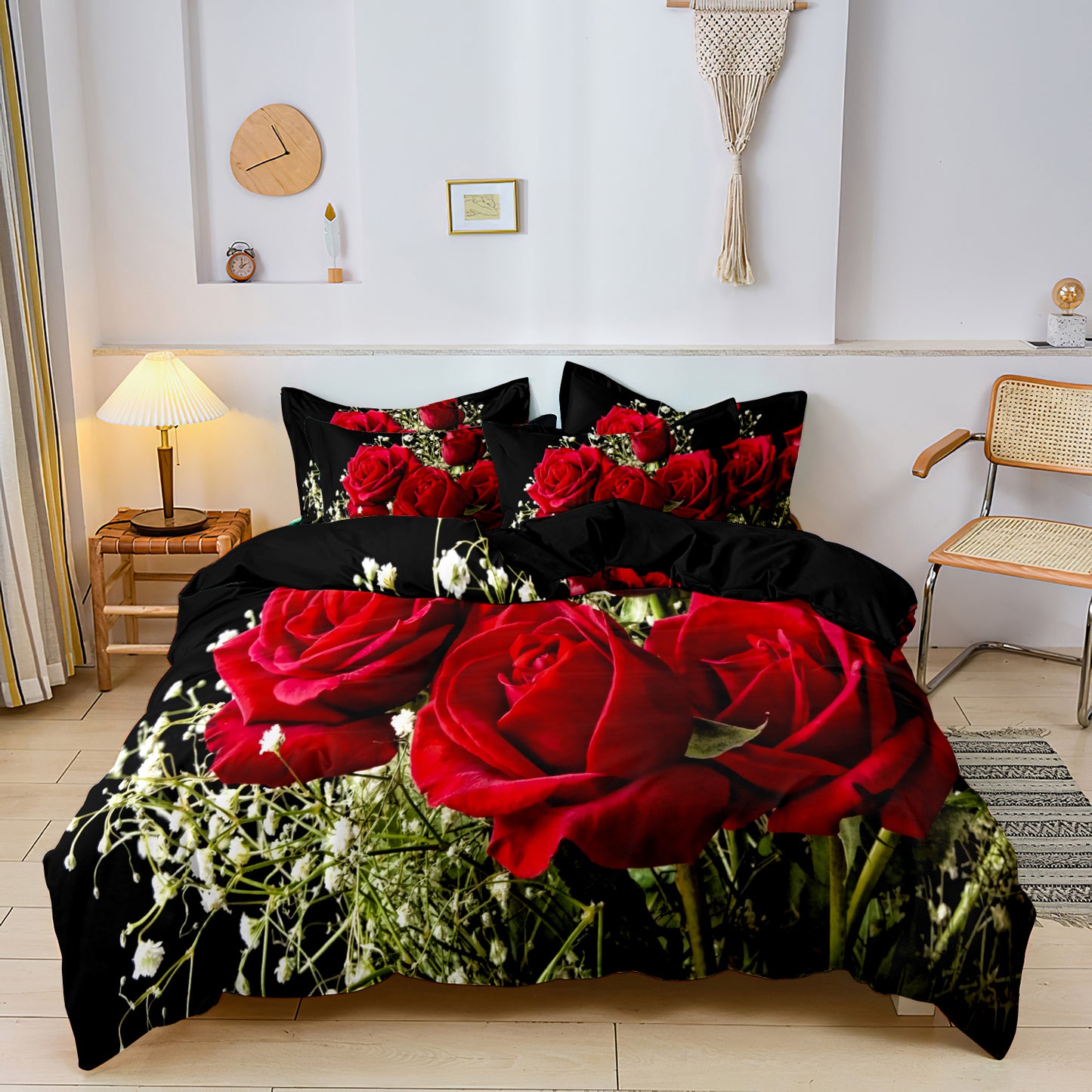 Dreammers Red Rose Gypsophila Duvet Cover Set, Romantic Floral Soft Bedding Set with Pillowcases