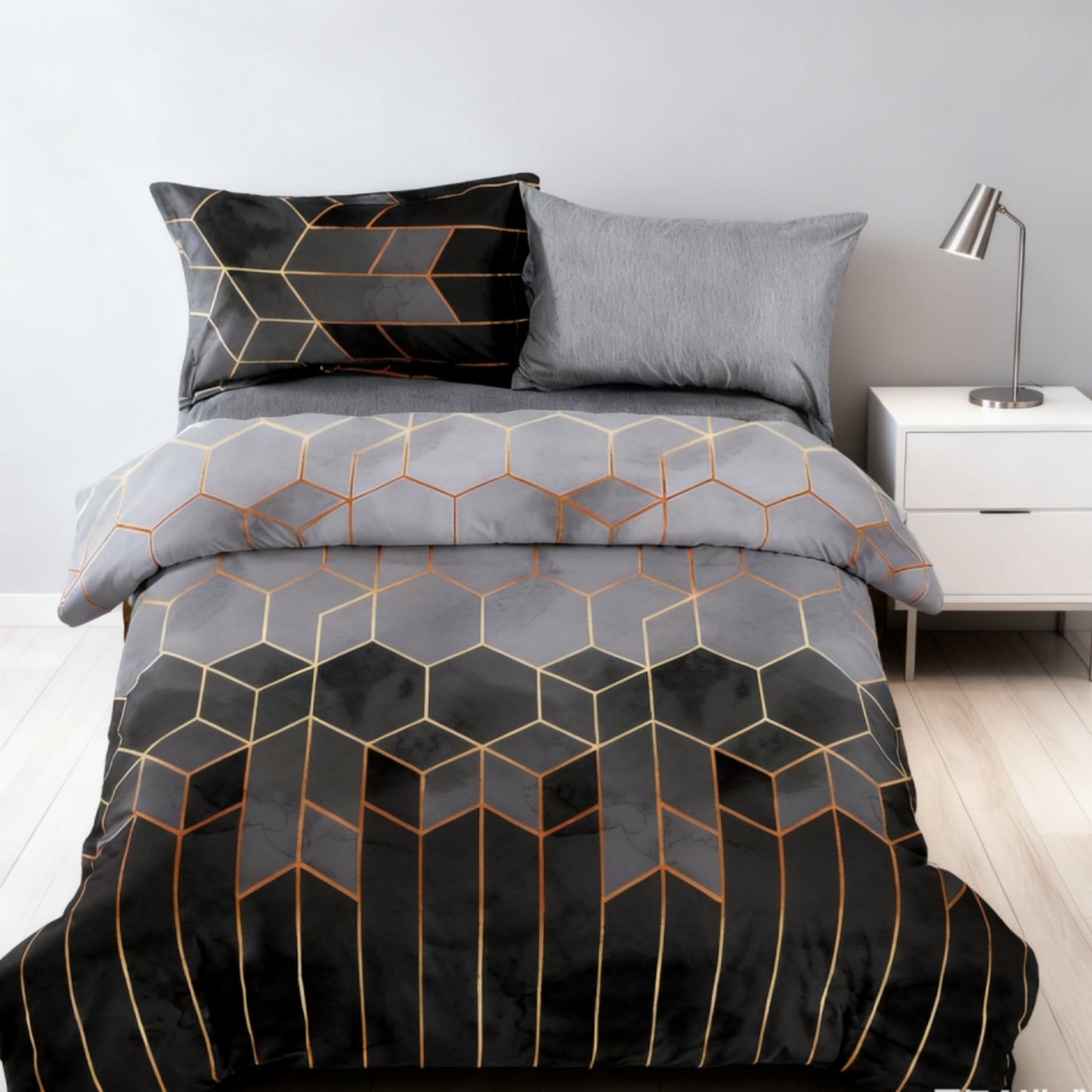 3Pcs Grey Geometric Printed Quilt Duvet Cover Bedding Set