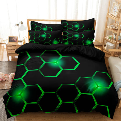 3Pcs Dreammers 3D Green Hexagon Glow Duvet Cover Set, Modern Gamer Soft Bedding Set with Pillowcases