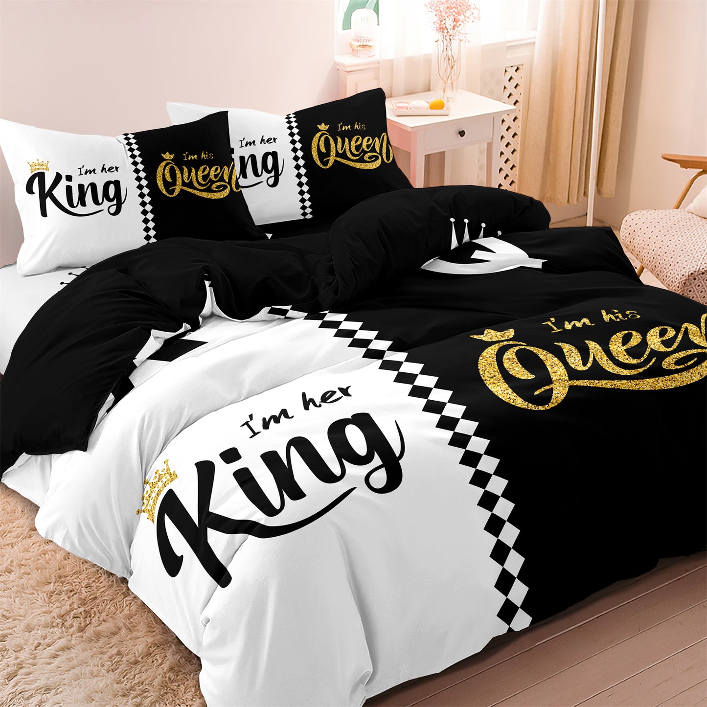 Dreammers King Queen Black White Glitter Couple Duvet Cover Set, Romantic Luxury Soft Bedding Set with Pillowcases