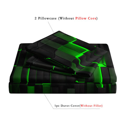 Dreammers 3D Green Black Cube Duvet Cover Set, Gamer Geometric Soft Bedding Set with Pillowcases