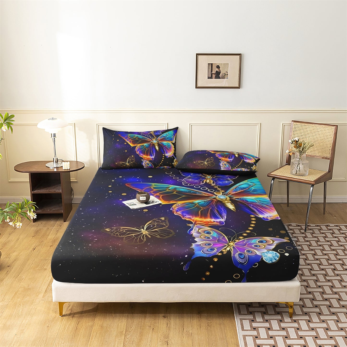 Galaxy Butterfly Fitted Sheet Set, Colorful Starry Sky Soft Bed Sheet with Pillowcases