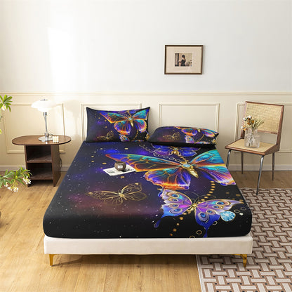 Galaxy Butterfly Fitted Sheet Set, Colorful Starry Sky Soft Bed Sheet with Pillowcases