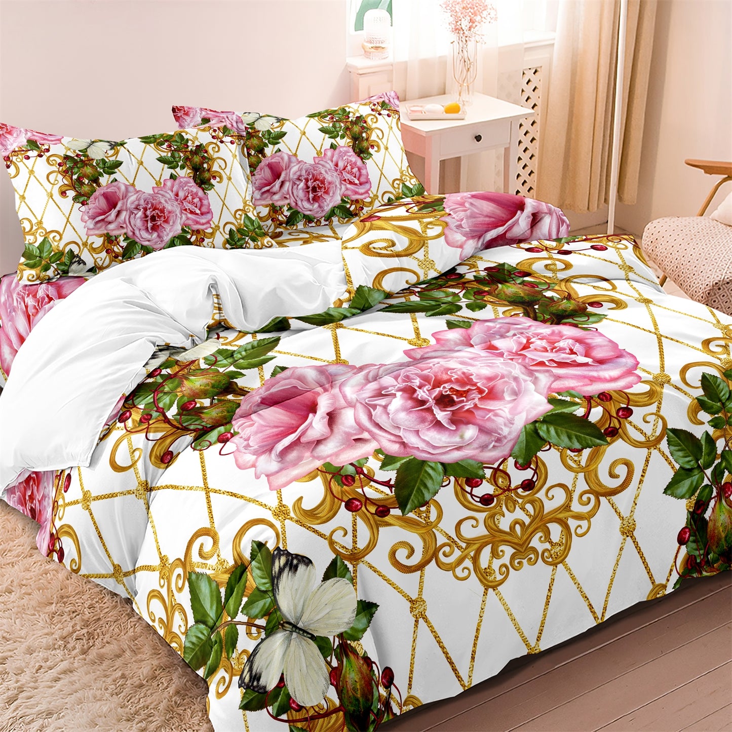 Dreammers Luxury Pink Rose Butterfly Duvet Cover Set, Elegant Floral Soft Bedding Set with Pillowcases