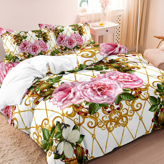 Dreammers Luxury Pink Rose Butterfly Duvet Cover Set, Elegant Floral Soft Bedding Set with Pillowcases