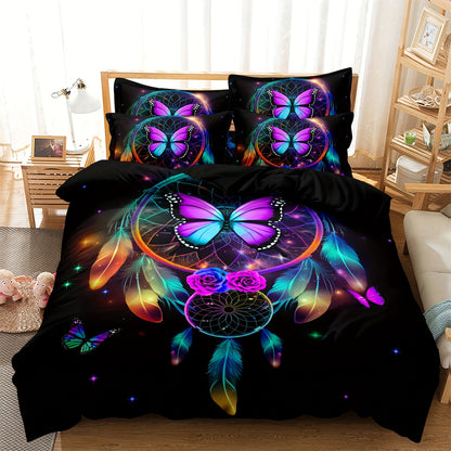 Dreammers Boho Rainbow Dreamcatcher Butterfly Duvet Cover Set, Mystical Bohemian Soft Bedding Set with Pillowcases